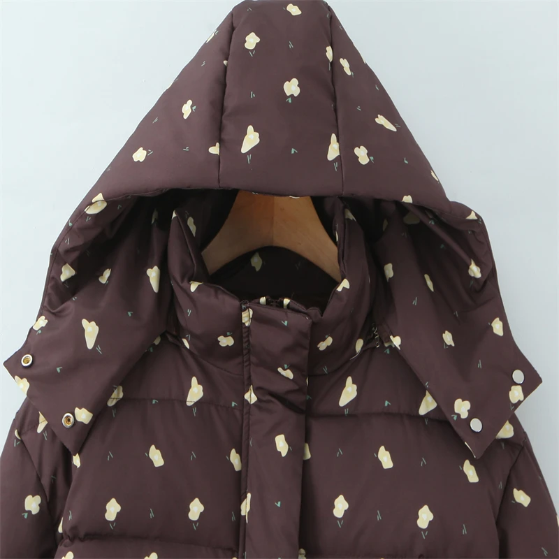 Piumino floreale marrone casual da donna - Stampa floreale beige, giacca trapuntata con cappuccio staccabile, capispalla invernale caldo