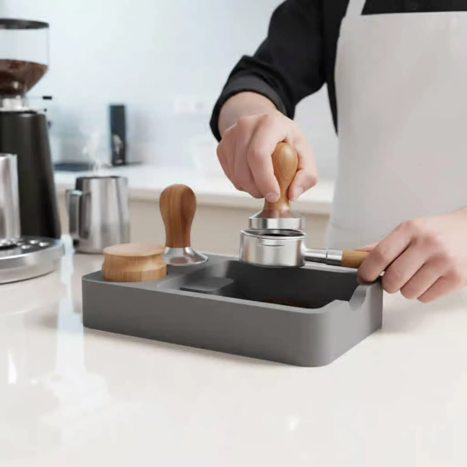 Silicone Tamping Mat Non-Slip Coffee Tamper Mat Coffee Tamping Pad Built-in Knock Box Easy to Clean for Cafe