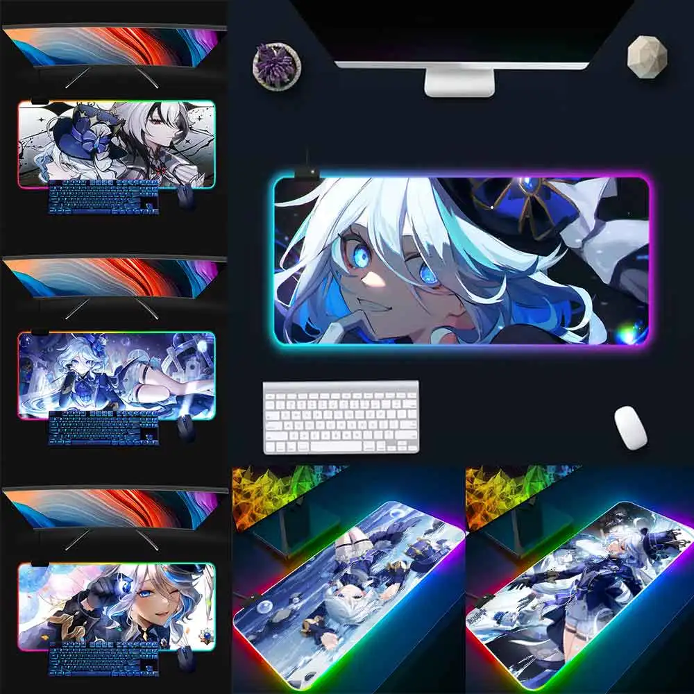 Genshin Impacts Furina Anime RGB Pc Gamer Keyboard Mouse Pad Mousepad LED Glowing Mouse Mats Rubber Gaming Computer Mausepad