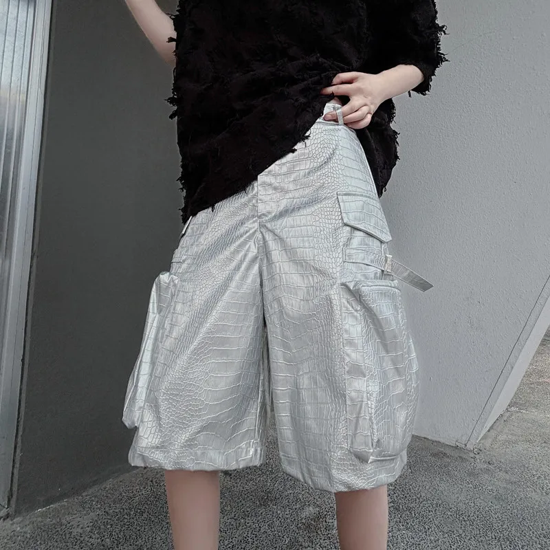 Hip Hop Cargo Pants for Man Streetwear Multi-pockets Straight Fit Silver Unisex Shorts DJ Club Dance Stage Performance Costume