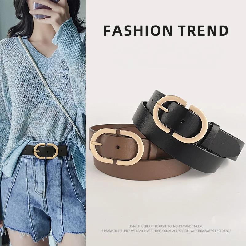 Golden Alloy Ring Buckle Genuine Leather Jeans Dress Belt Casual Fashion Retro Luxury Women's Belt For Going Out