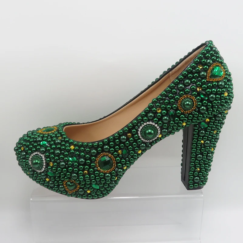 Green Pearl crystal Bridals Wedding shoes with matching bags Rhinestone Round Toe high heels party dress shoes thick with