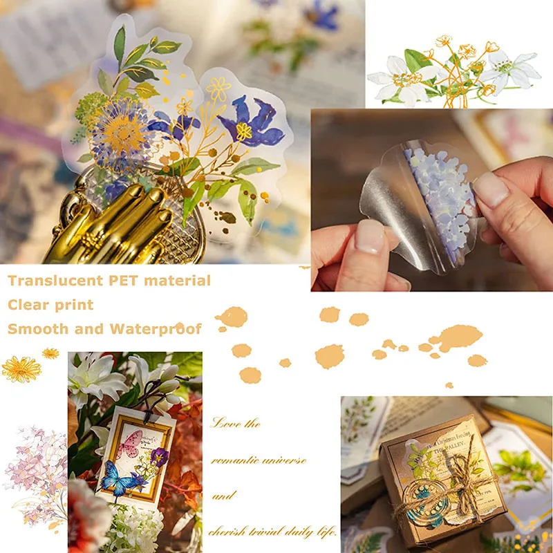 180PCS Vintage Natural Waterproof Decorative Stickers Transparent Gold Foil Plants Floral Stickers for Scrapbooking