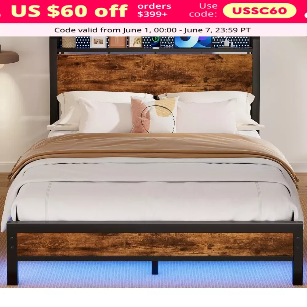 Full Bed Frame with LED Lights, Industrial Storage Headboard with Power Outlet and USB Port, No Box Spring Needed, Bed Frame