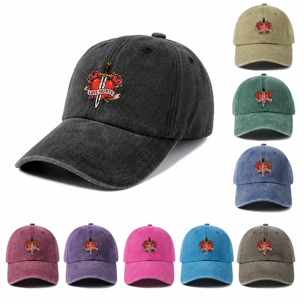 Love Hurts Dagger Heart Graphic Baseball Cap, Vintage Washed Adjustable Unisex Dad Hat, Gothic Tattoo Gift