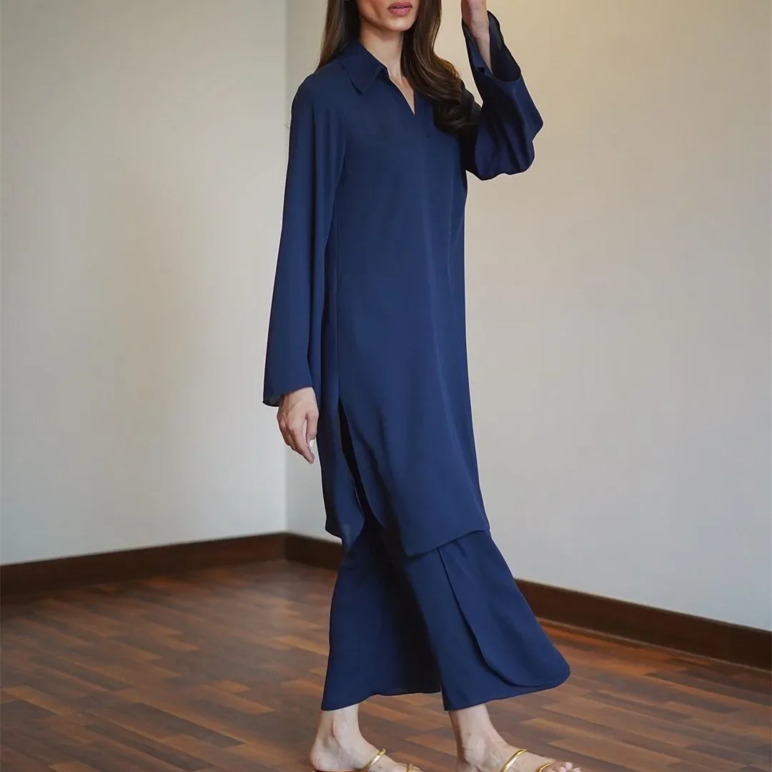 

Women Eid Muslim Sets Ensemble Morocco Ramadan Two Pieces V Neck Kaftan Islam Blouses Arab Loose Wide Leg Pants Modest Solid