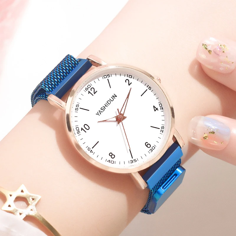 YASHIDUN ساعات نسائية شبكة من الاستانلس استيل حزام ساعة كوارتز مضيئة ساعة مزدوجة للإناث ساعة اليد Montre فام Relogio