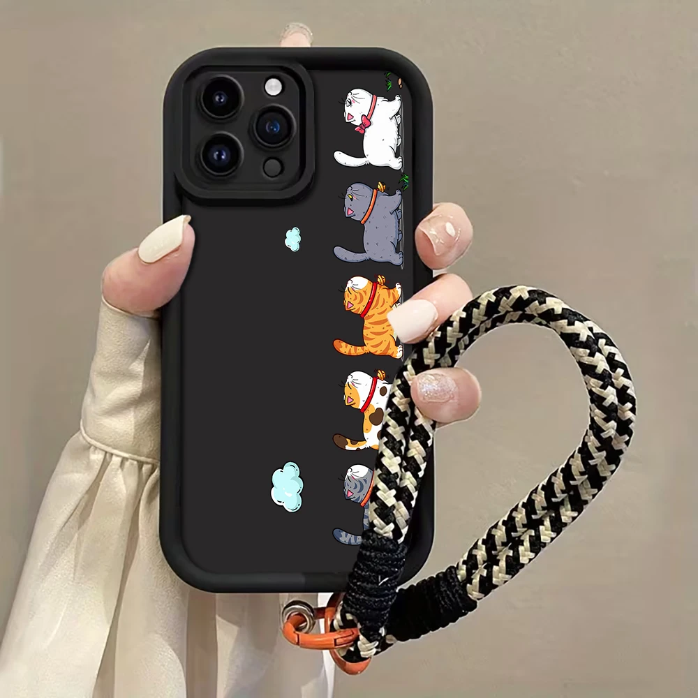 Katzen in Reihe Gurt-Seil-Handyhülle für iPhone 11 12 13 14 15 16 17 Pro Max 15 14 13 Plus 17E XR Stoßfeste Matte Silikonhülle – Detail 3