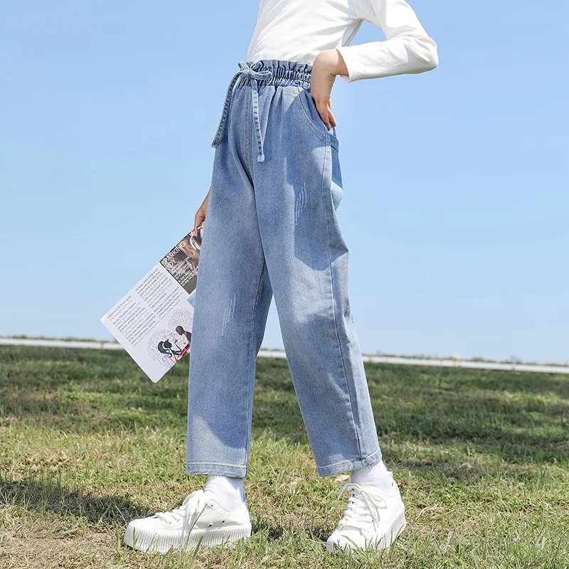 Elegant Kids Blue High Waist Regular Jeans Trousers For Teenage Girl Casual Drawstring Denim Pants Age 4 5 6 7 8 9 10 11 12 13 Y