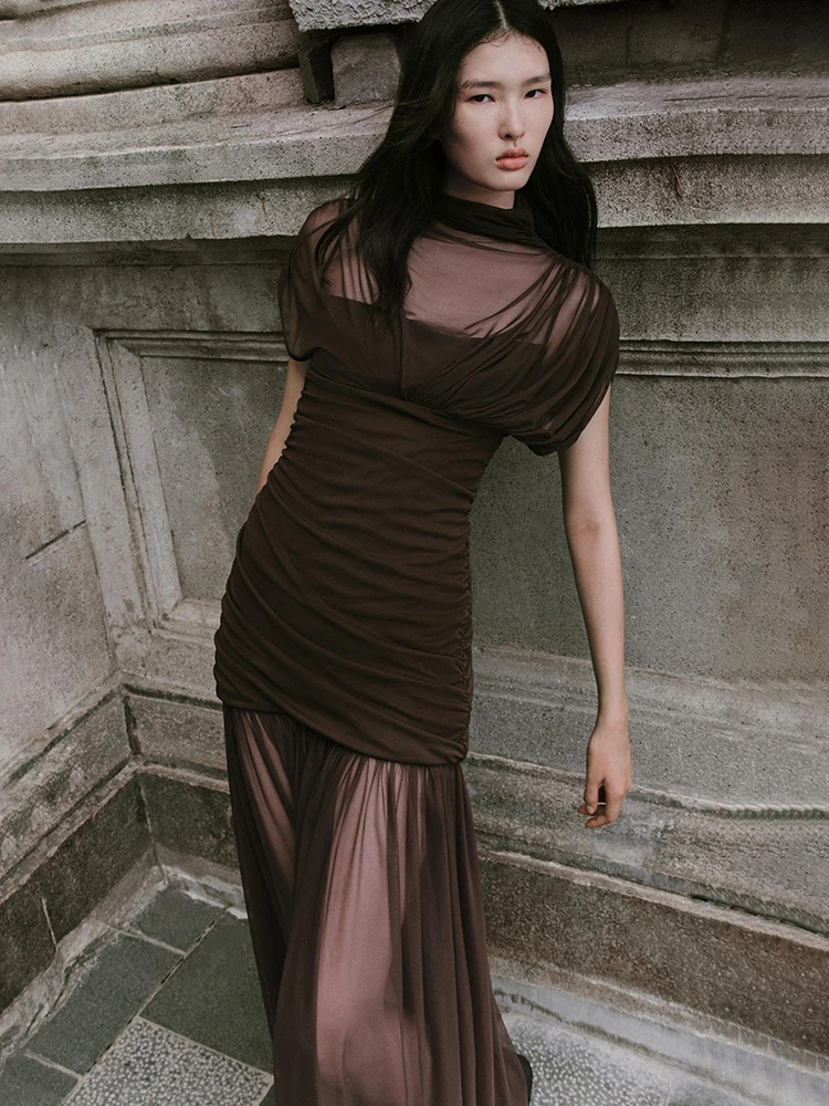 Blifanbo elegante malha bodycon vestido longo feminino dupla camada ver através ruched retalhos clube festa noite vestido longo outono