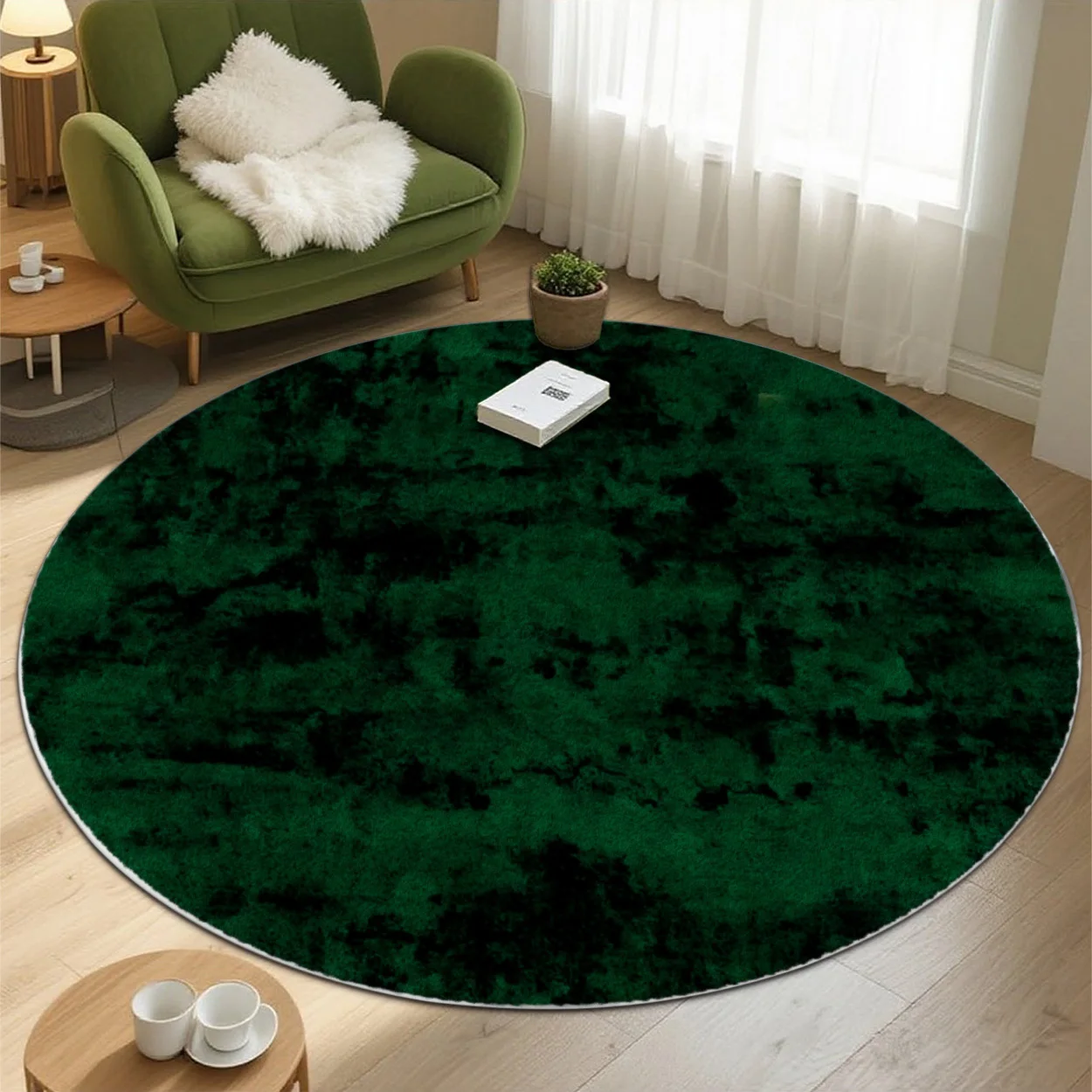 Emerald Green Velvet Texture Abstract Cloud Pattern Round Rug For Modern Living Room Featuring Luxurious Depth Rug