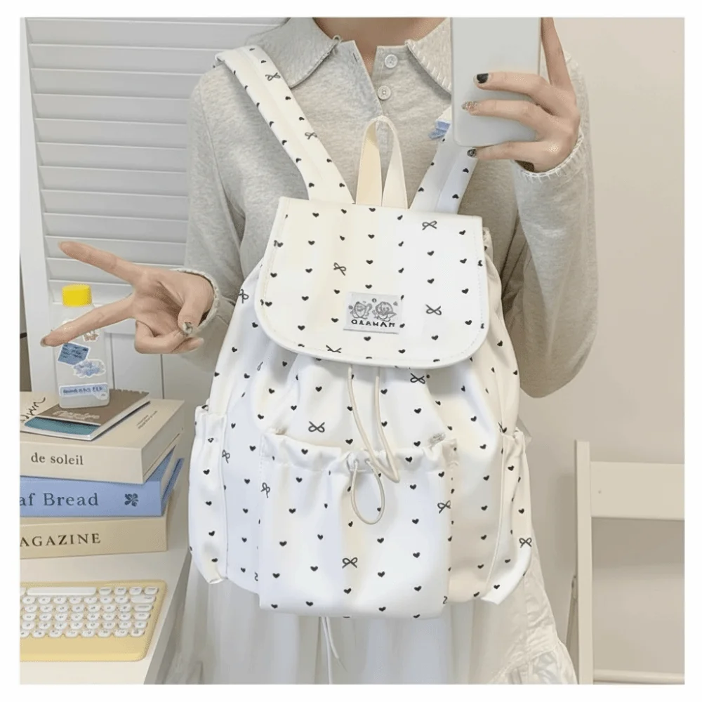 Cute Women's Backpack Bow Polka Dot Pattern Drawstring Closure Drawstring Backpack Large Capacity Preppy Style Bag for Girls