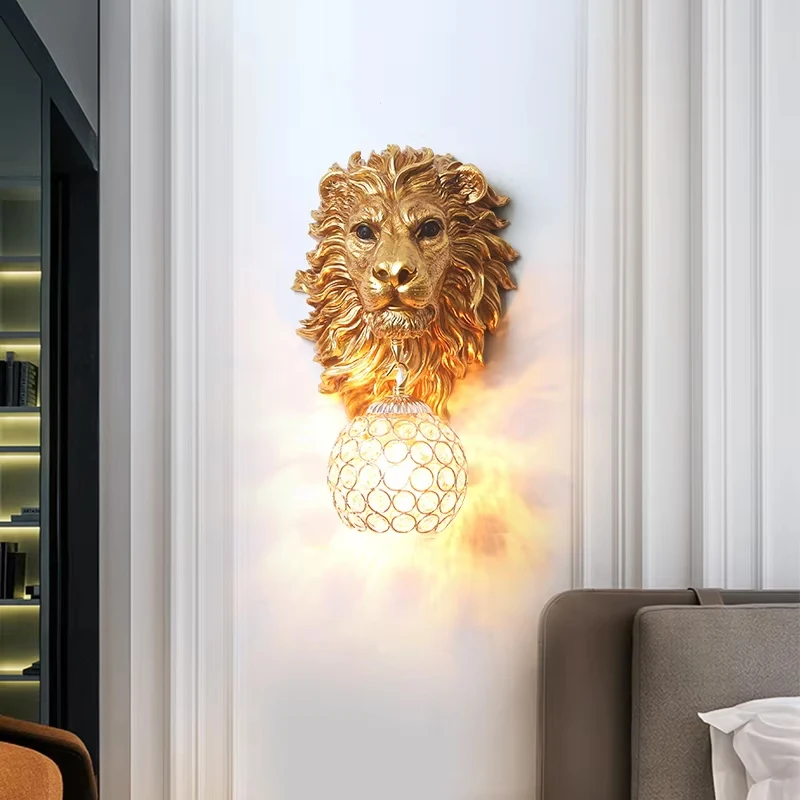 Creative Living Room Lion Head Decorative Wall Lamps Modern Staircase  Aisle LED Wall Light Bedroom Bedside European Style Lamp