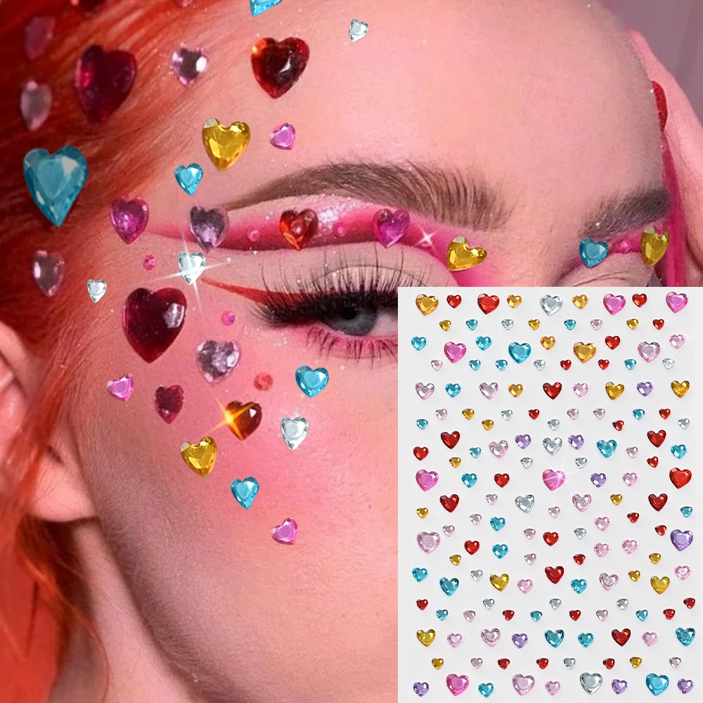 3D Bunte Liebe-Herz Gesicht Edelstein Tattoos Aufkleber Bling Selbstklebende Herz Edelsteine Tattoo für Festival Party Augen Körper Make-Up Dekor – Detail 1
