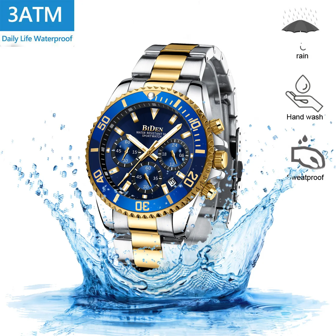 BIDEN high-end business men\'s watch six pin multifunctional luminous calendar waterproof stainless steel strap