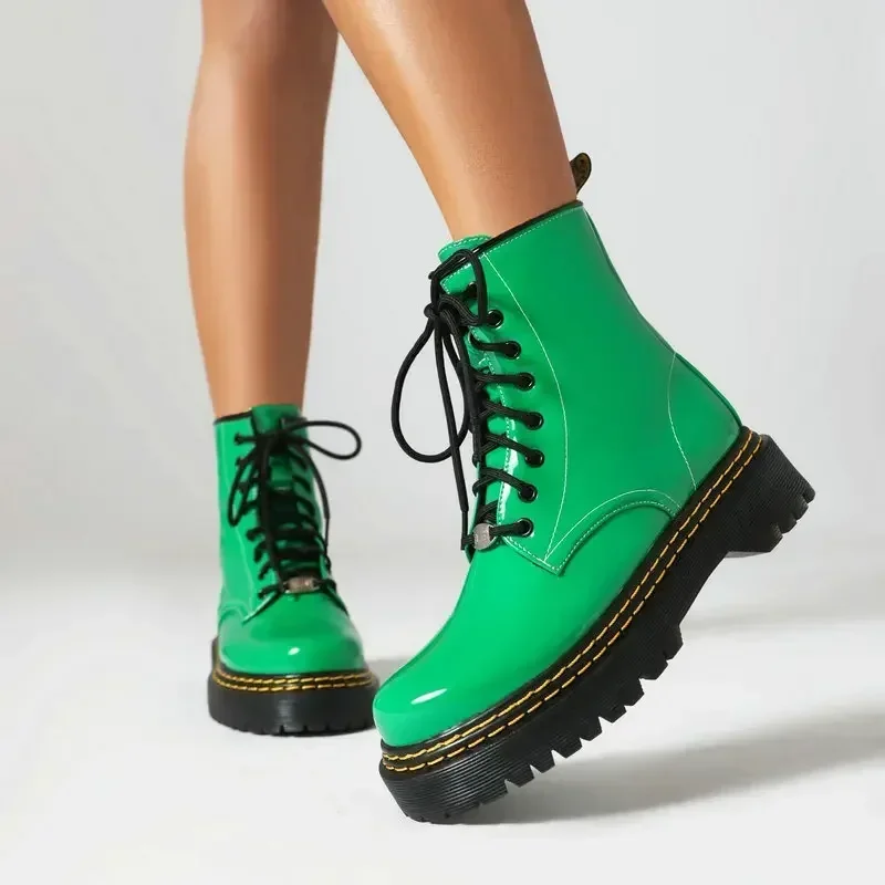 Womens Ankle Boots Patent Leather Black Green Chunky Heels Lace Up Platform Shoes Candy Color Motorcycle Combat Booties Ladies