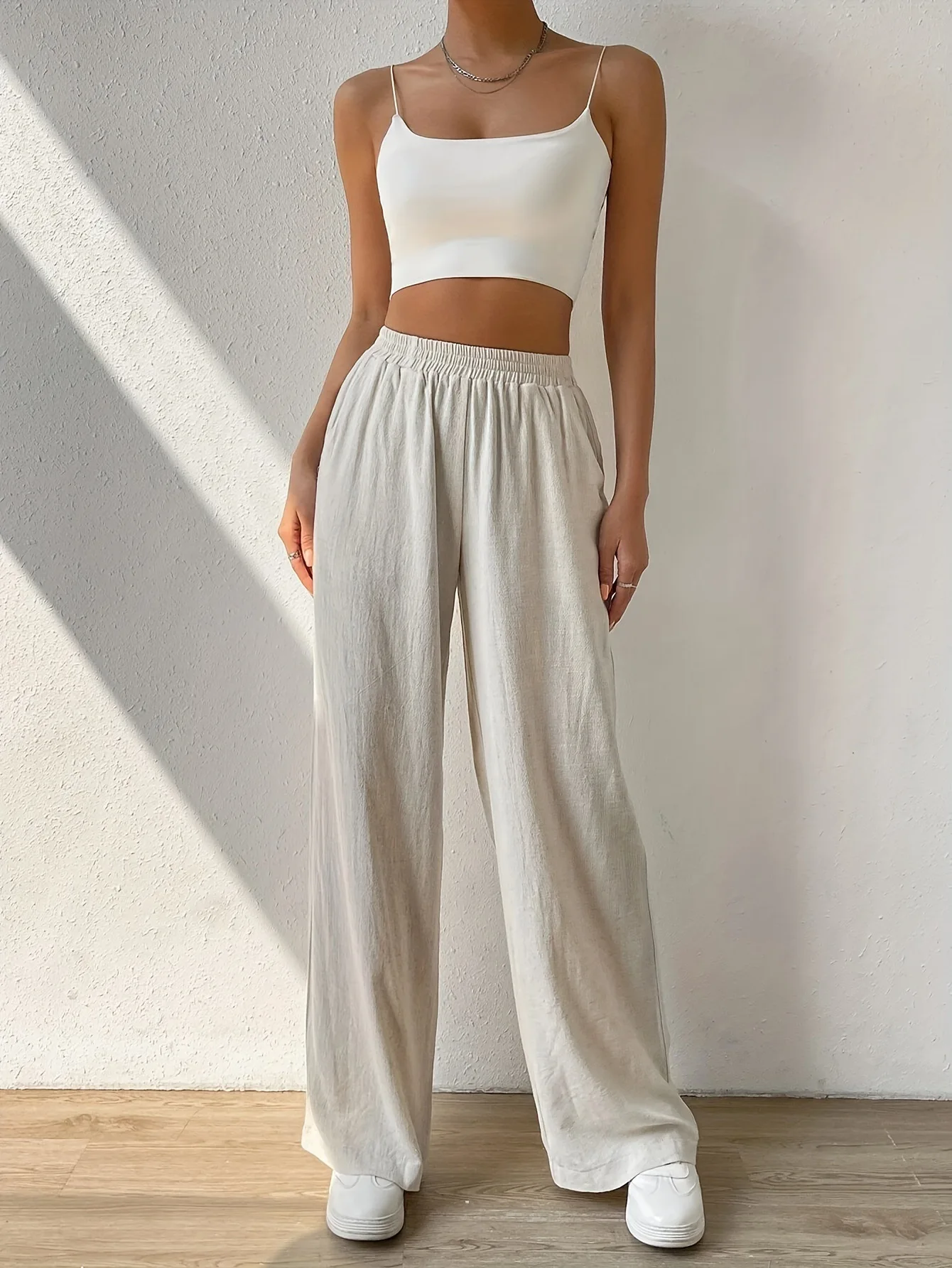 Women's Spring and Summer New Fashion White Casual Wide Leg Pants, Elastic Waist Slim-fit Straight Barrel Solid Color Long Pants