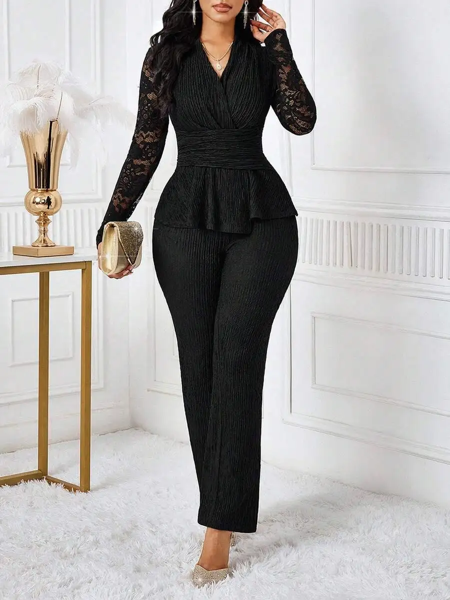 

Elegant Black Two Piece Set V-Neck Lace Long Sleeve Top And Flare Pants