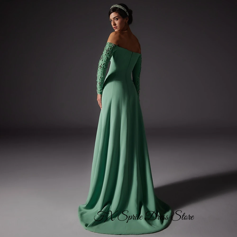 Green Jersey A-Line Evening Dress Long Sleeves Off the Shoulder Party Gowns Zipper Back Customized Beading Crystal Prom Dresses