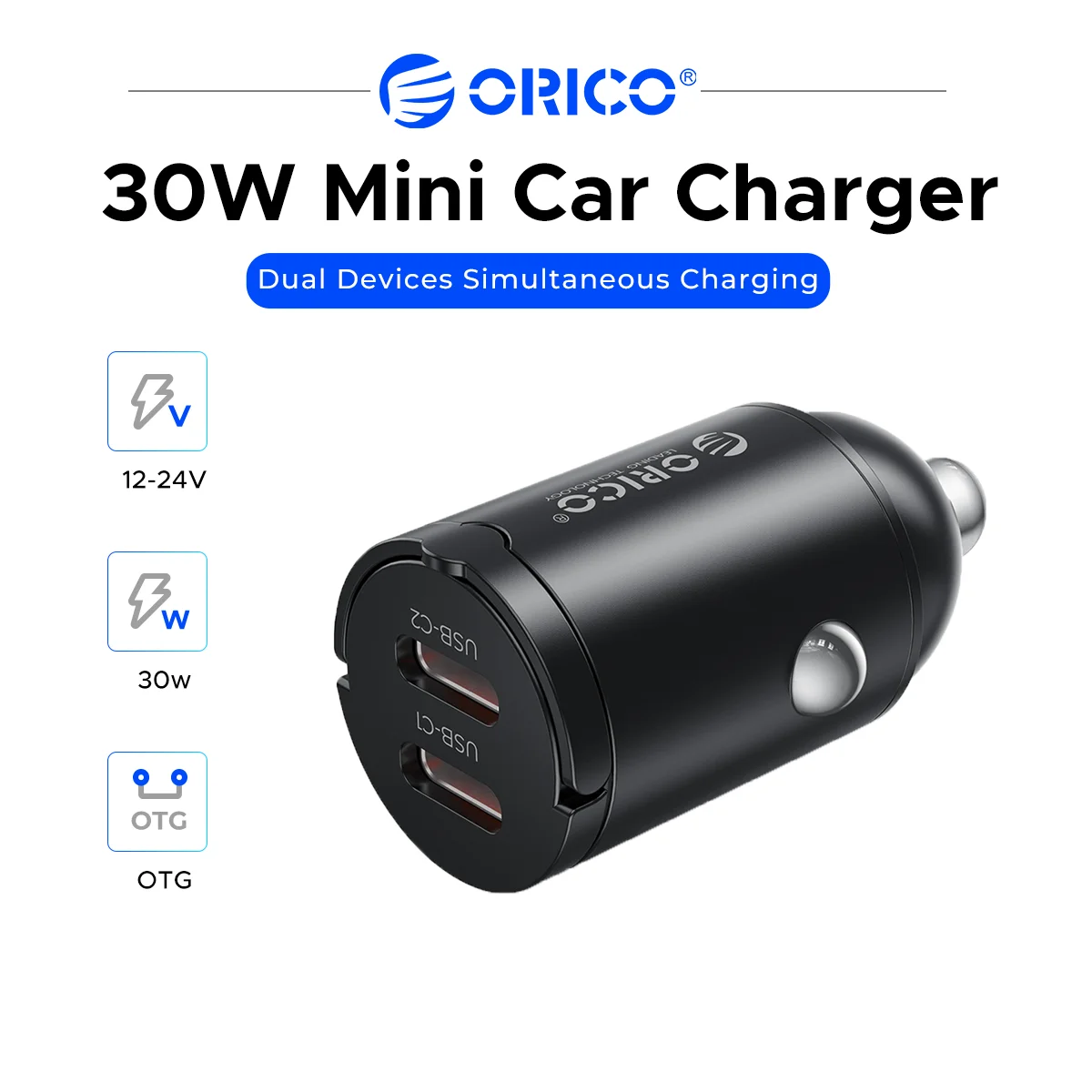 ORICO MR-30-2C 30W Dual Type C Car Charger PD Fast Charge Mini Zinc Alloy Pull Ring Car Charger For All Phones 12-24V Universal