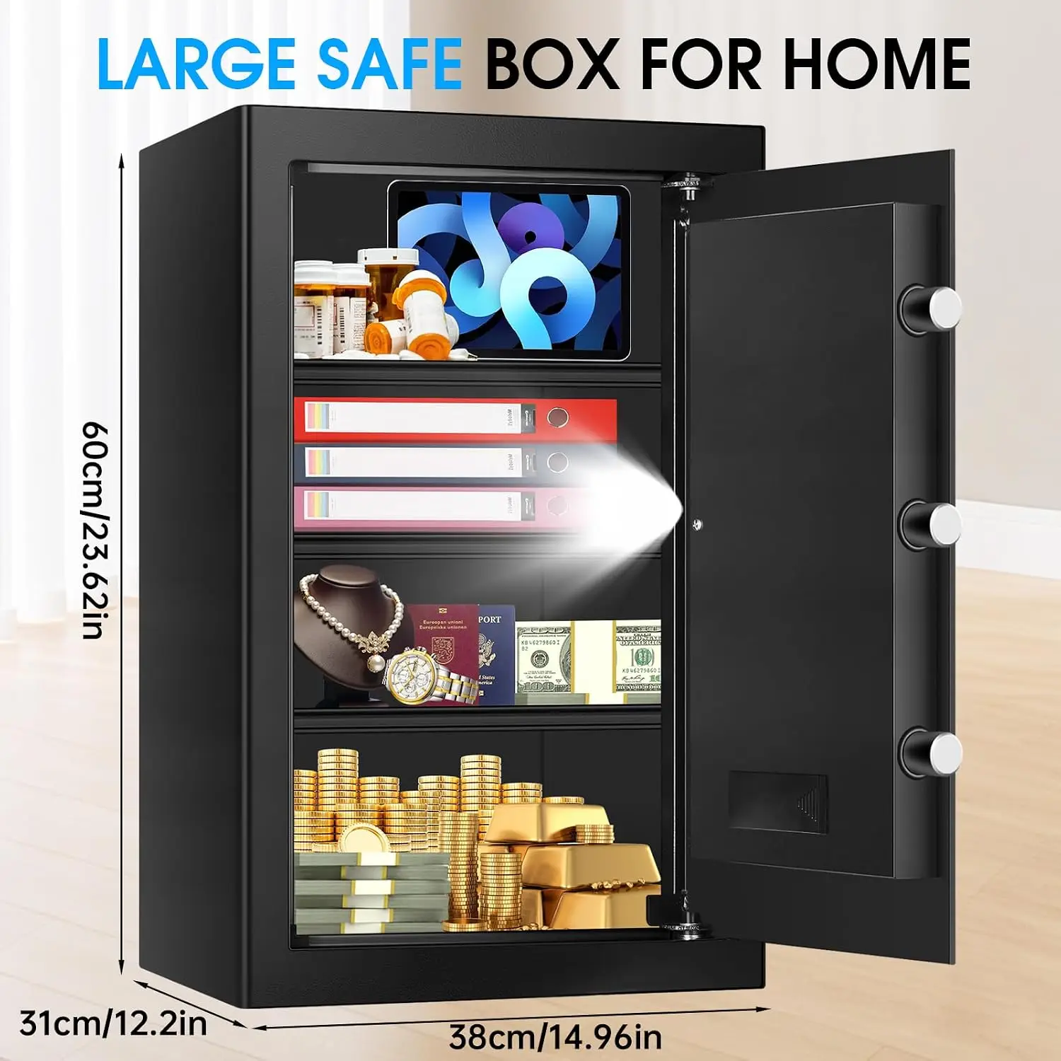 5.2 Cu Ft Large Home Safe Box Fireproof Waterproof, Personal Security Safe with Digital Keypad, Spare Keys, Alarm System and 3 R