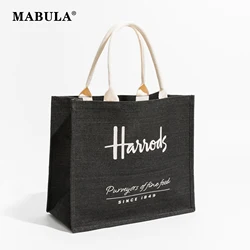 Tote de praia de linho preto para mulheres, bolsa eco amigável, saco Shopper reutilizável, bolsa portátil do livro do curso