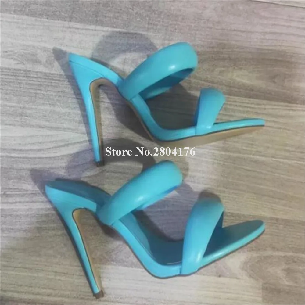 Fashion Brand Design Blue Leather Stiletto Heel Slippers Open Toe Cut-out Slip-on Thin Heel Sandals Party Heels