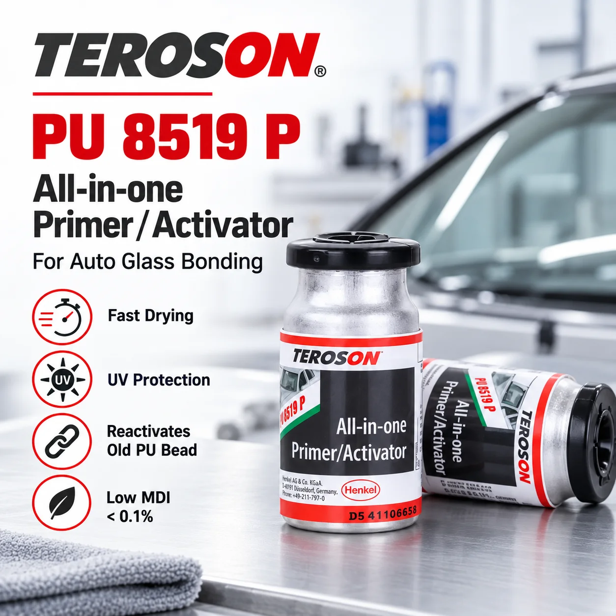 Original TEROSON PU 8519 P 10ML Automotive Windshield Glass Primer Activator Black Surface Preparation for Auto Glass Bonding