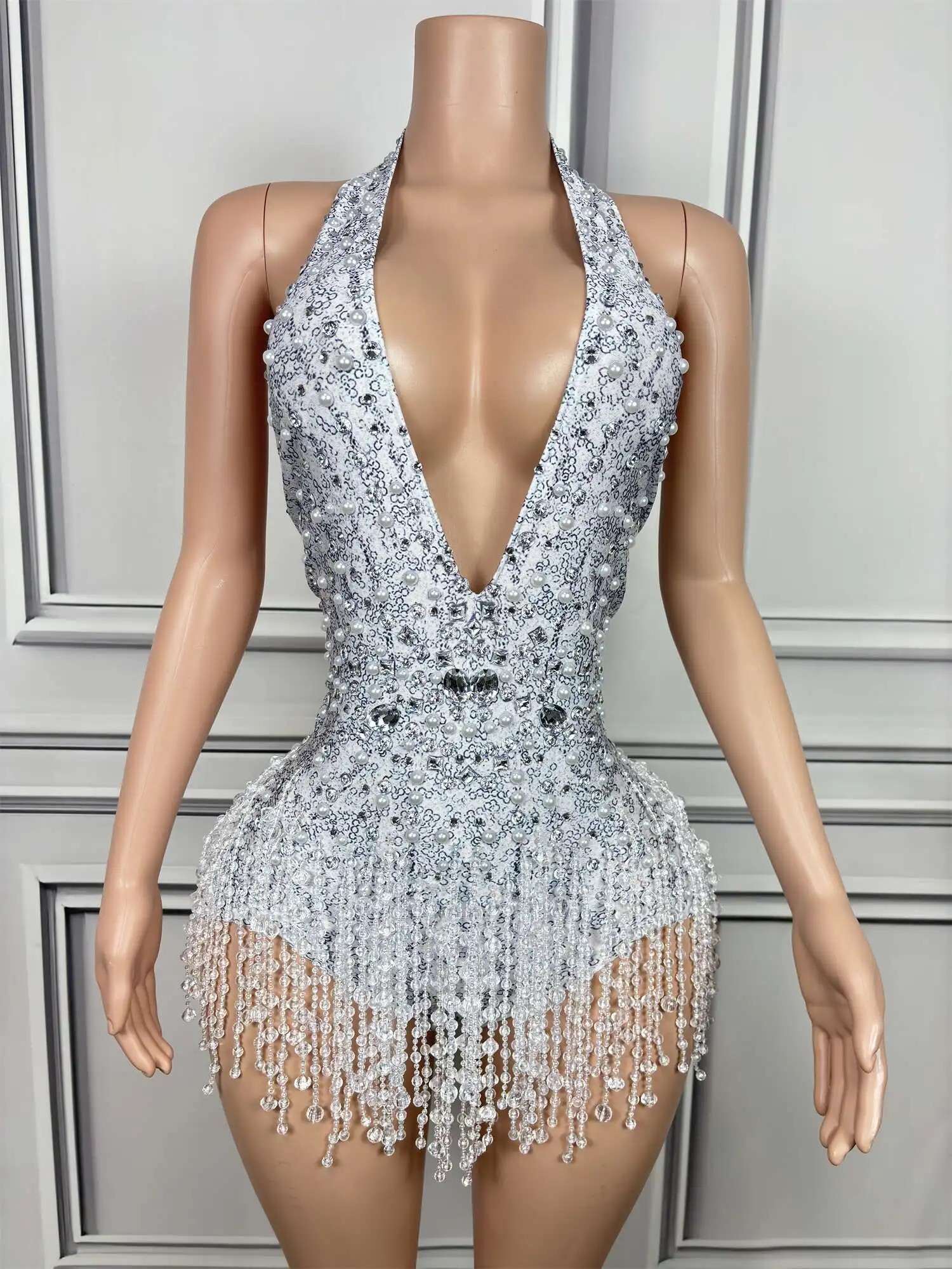 Sparkly Crystals Bodysuit Women Sexy V-Neck Leotard Party Dance Costume Celebrate Dress Outfit Female Bar Dance Stage Bingzhui