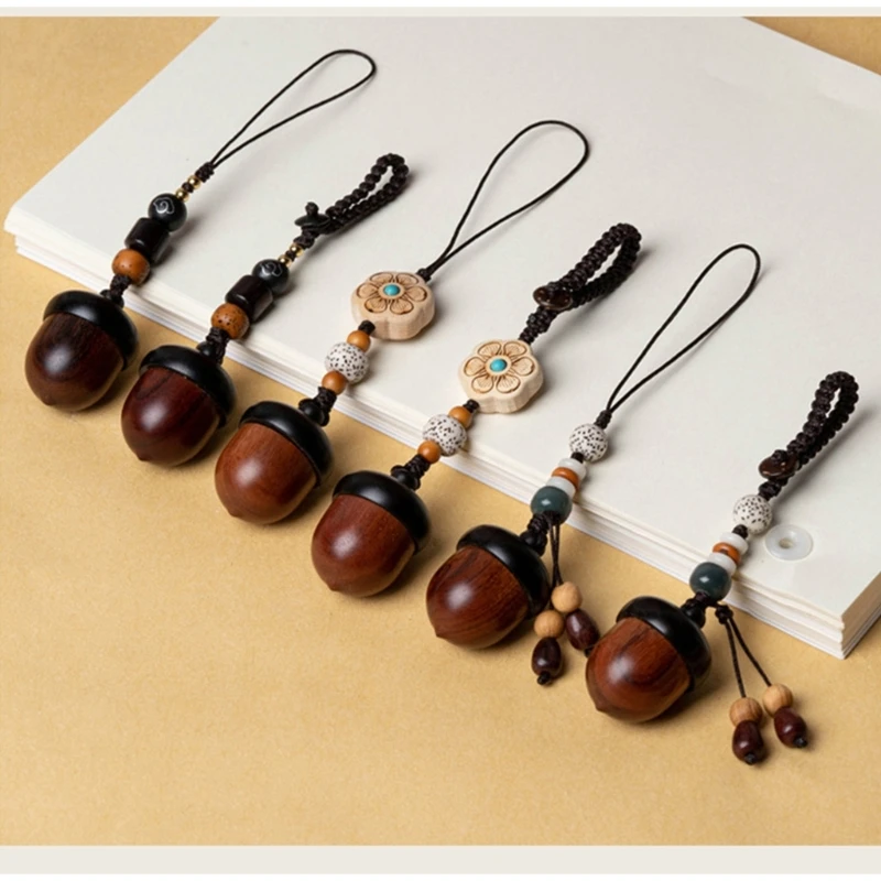 Vintage Screwable Openable Wooden Acorn Pendant Box Long Necklace Pendant Key Ring Couple Chinese Style Fashion Jewelry Gifts