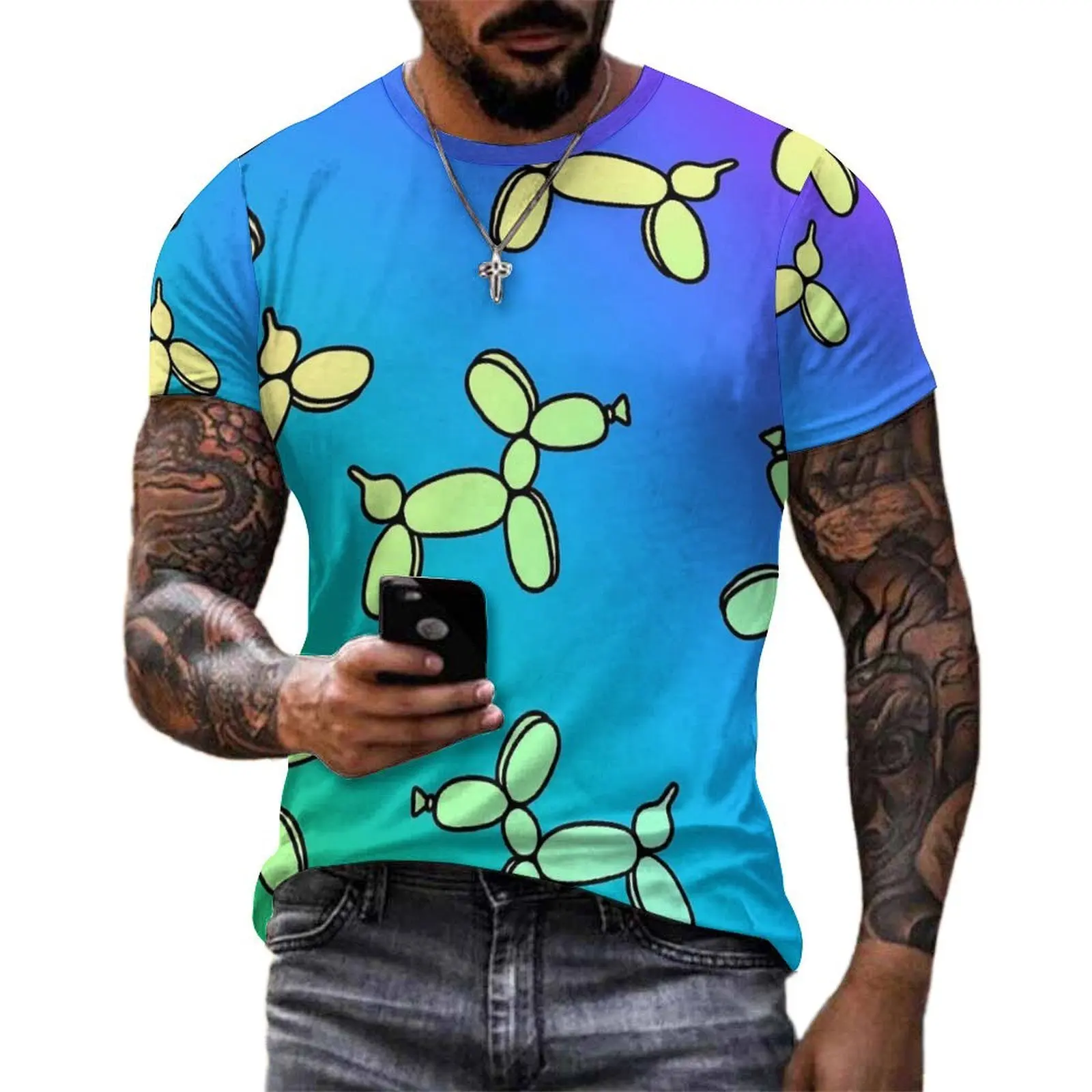 Summer T-Shirt Balloon Dogs T-Shirts Rainbow Gradient Casual Hippie Tee Shirt For Male Short Sleeve Graphic Oversized Clothes