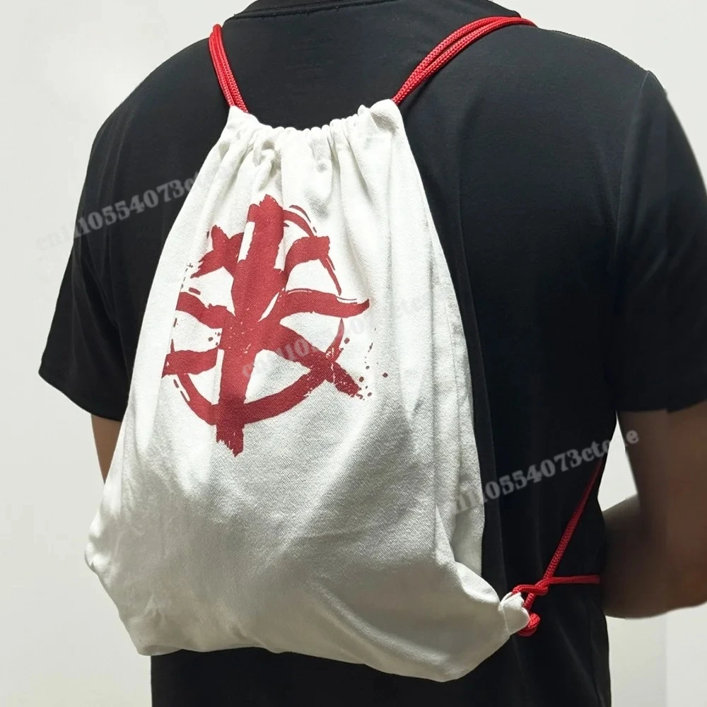 

Game Style Red Symbol Drawstring Canvas Backpack - Large Capacity White Cotton Sack Bag for Cosplay, Sports, Gym, and Casual Use