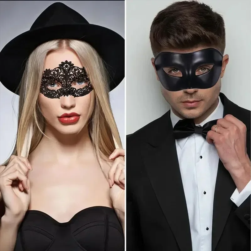 Máscara de olho de casal veneziano, máscara de meia face para dança de Halloween, capacete de festa de formatura para fantasia de dramatização, homens e