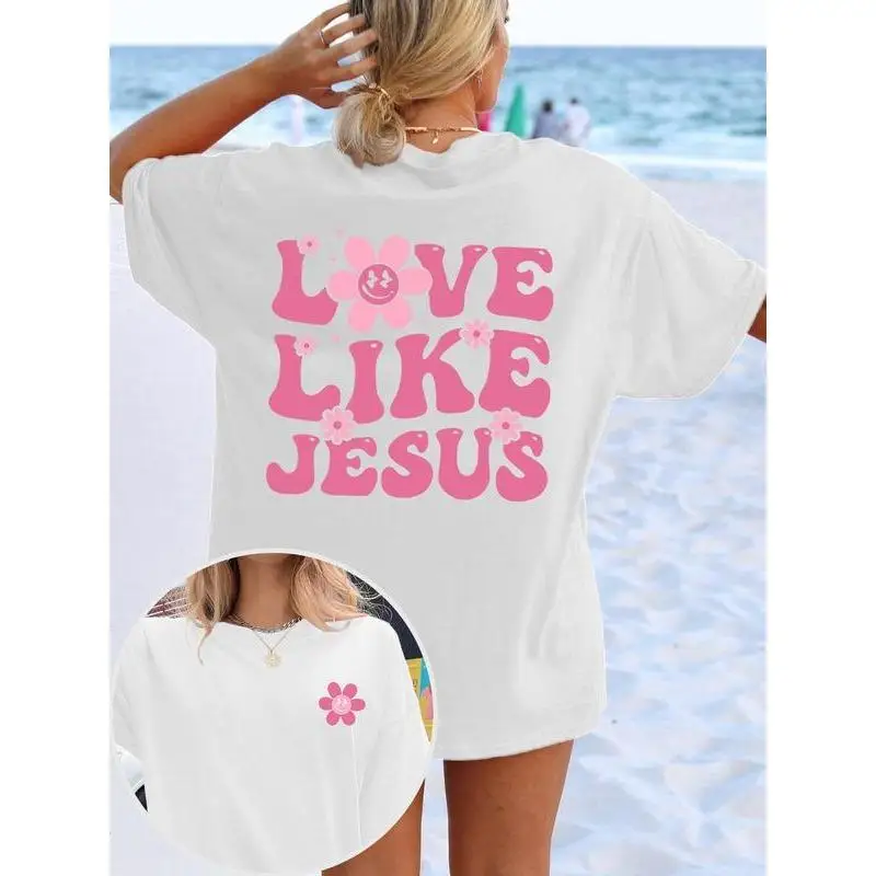 

Love Like Jesus T-shirt for Women Christian Graphic Tee Retro Slogan Top with Smiley Flower