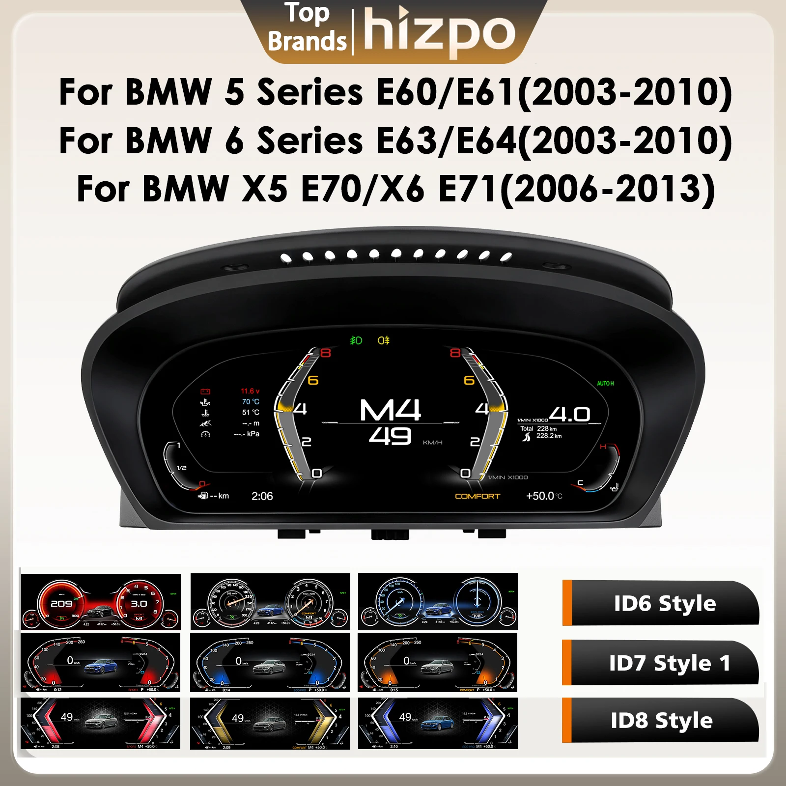 Image of Hizpo Digitales Armaturenbrett für BMW 5er E60/E61 2003-2010, für BMW 6er E63/E64 2003-2010, für BMW X5 E70/X6 E71 2006-2013, digitales Kombiinstrument, Tachometer