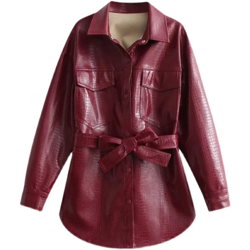 女性用アメリカンブロガー スレ PU レザー ジャエット ダブルケッツ ウエストベルト付き ワインレッド エメッドテクスチャー ストリートファション