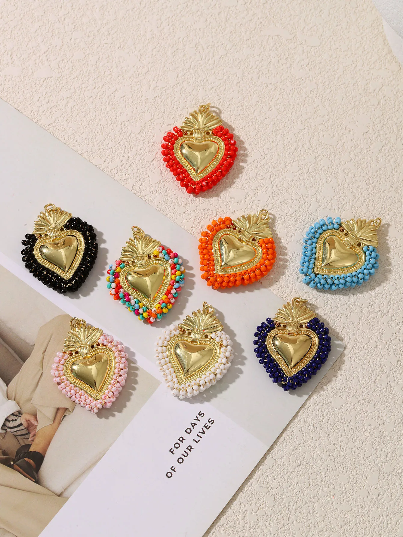 New high appearance level fashion alloy rice bead woven metal Love pendant ladies color DIY earrings necklace jewelry accessorie