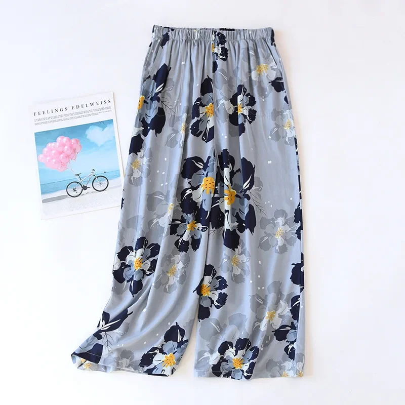 Summer new women's 100% viscose pajama pants cropped pants thin loose wide leg pants home pants pajama plus size cute shorts