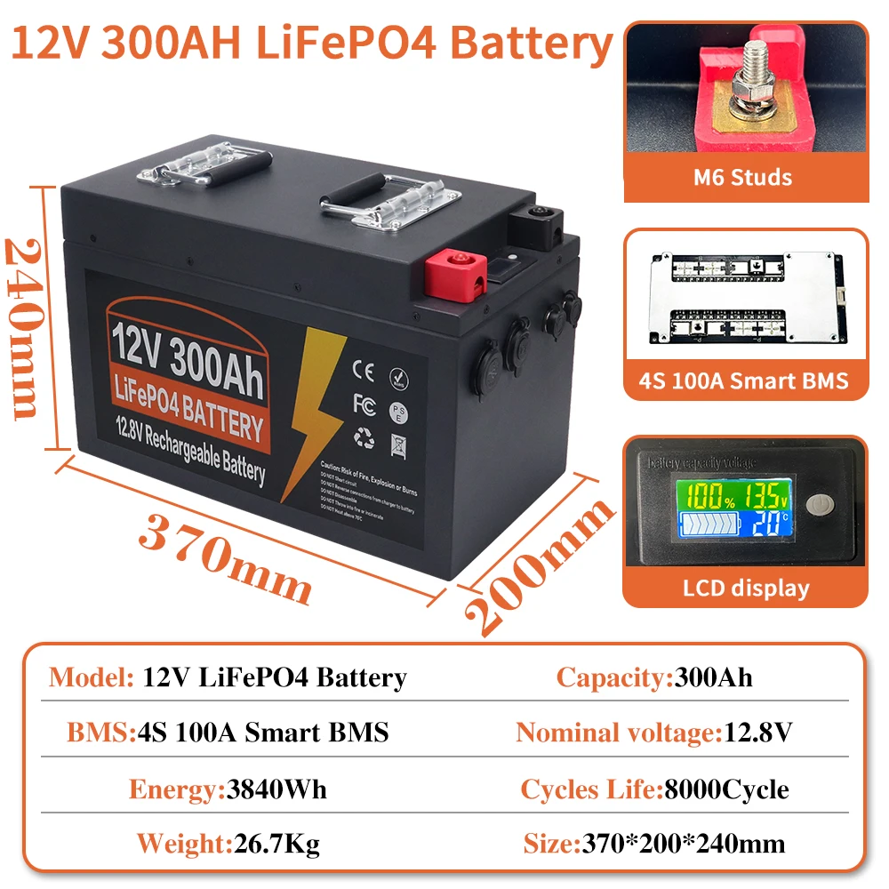 12V 300Ah LiFePO4 Lithium Iron Phosphate Battery Built-in BMS For Replacing Most of Backup Power Home Energy Storage Tax Free