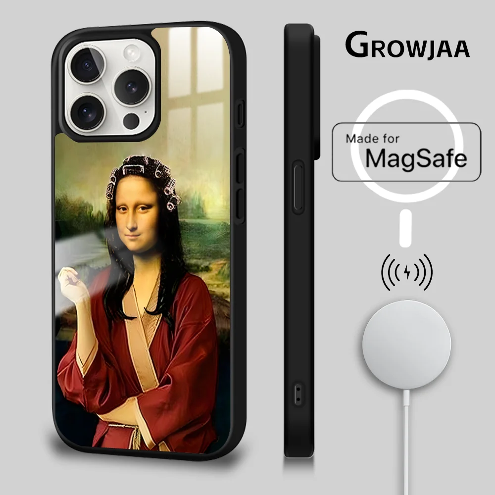 M-Mona Lisa Art Phone Case For iPhone 16 15 14 13 12 11 Pro Max Plus Mini Magsafe Mirror Wireless Magnetic Cover