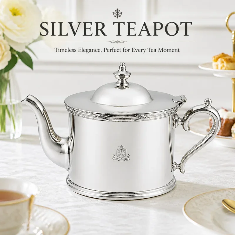 Antique Silver Plated Teapot with Engraved Coat of Arms Classical Cylindrical Tea Metal Tea Kettle with Scroll Handle Hinged Lid