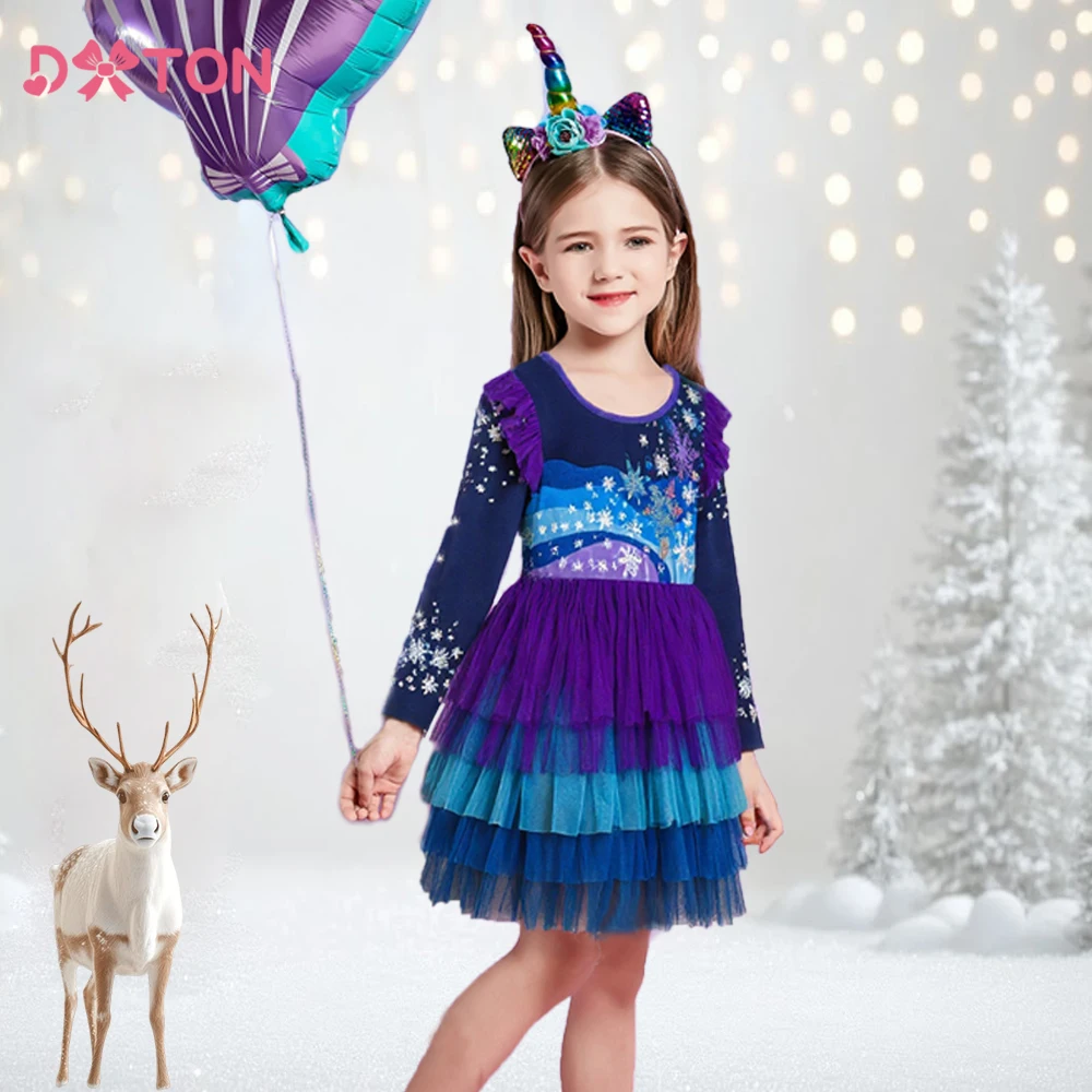 

DXTON Kids Girls Princess Dress Snowflakes Print Winter Children's Dresses Layer Tulle Mesh Cake Toddler Vacation Wear Clothing