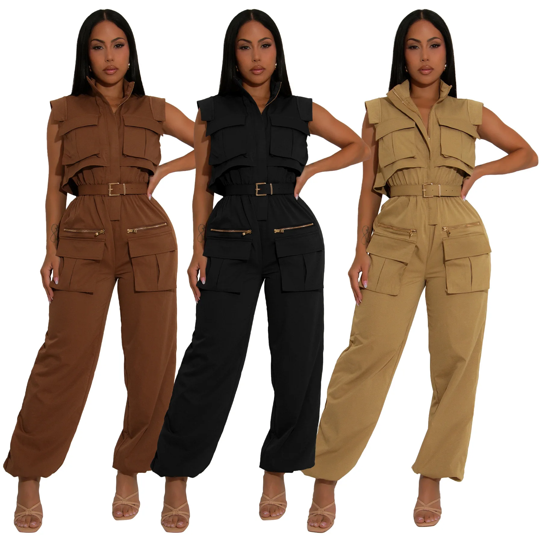 

Модный женский комбинезон без рукавов с воротником-стойкой и несколькими карманами, новинка 2026, крутые брюки-карго, клубные комбинезоны, повседневная уличная одежда, наряд