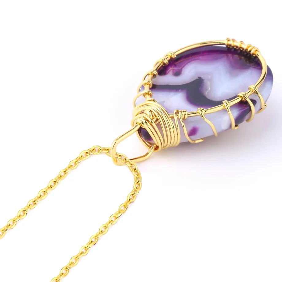 CSJA Gold Color Tree of Life Wire Wrap Water Drop Necklace & Pendant Reiki Natural Gem Stone Purple Blue Veins Onyx Jewelry E806