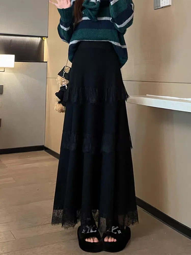 Women Elegant Lace Trim Knit Maxi Skirts 2025 Autumn Winter High-Waisted A-Line Flare Skirt for a Feminine and Boho Chic Look