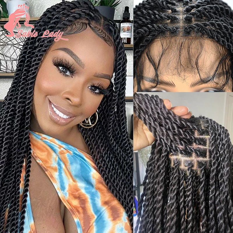 Wig kepang senegaka 36 inci sintetis renda penuh Wig depan kotak tanpa simpul Wig untuk wanita hitam Wig kepang Cornrow