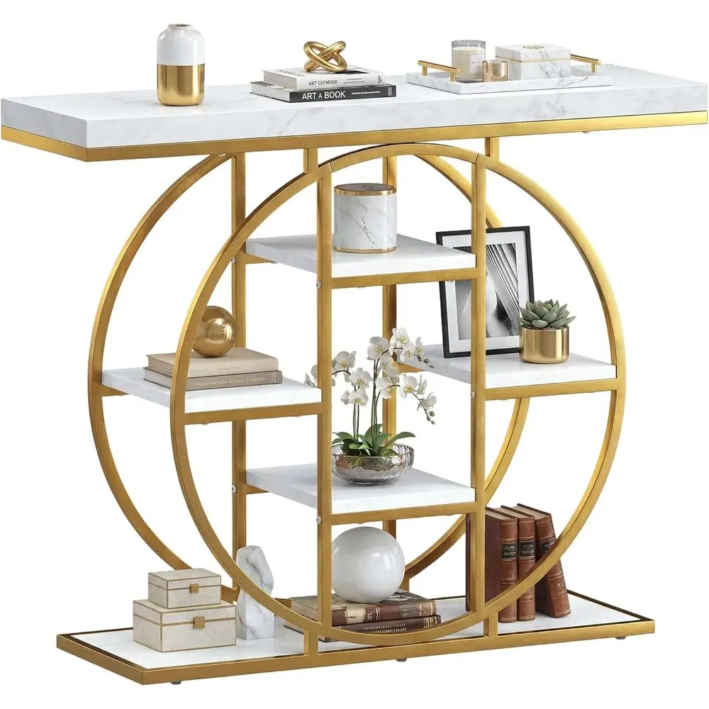 39.4 White Marble Top Entryway Table with Storage Shelves and Circular Steel Base for Hallway, Living Room