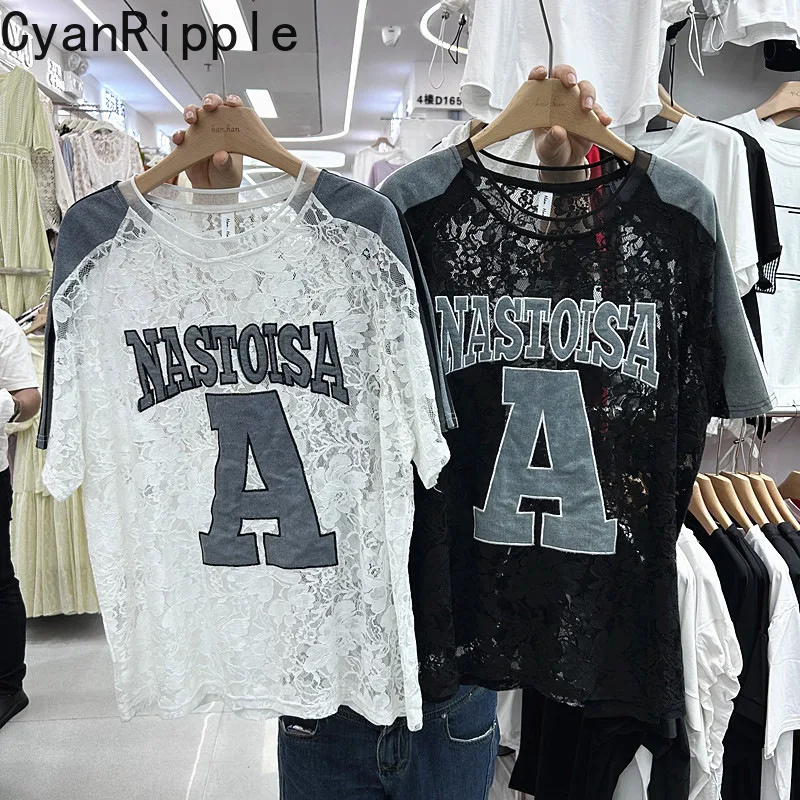 

Fashion New Spring Summer Loose Short Sleeve T-shirt All-match Round Neck Pullover Top Letters Embroidery Lace Women Casual Tees