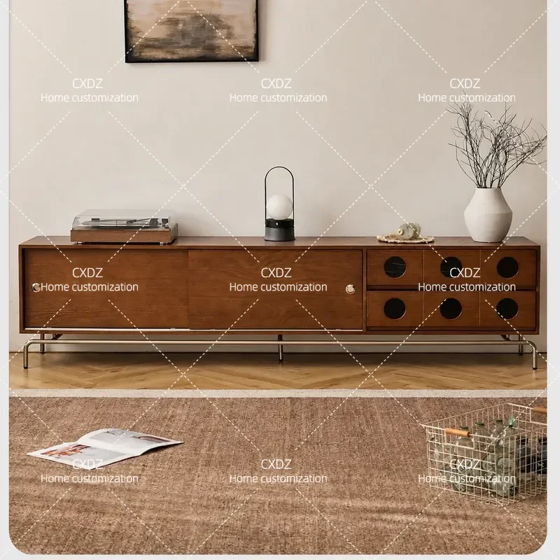 Medieval Solid Wood TV Cabinet Retro Floor Storage Unit with Drawers and Locker for Living Room Small Apartment Household