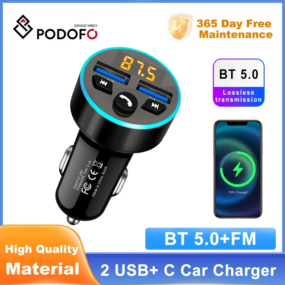 Podofo Wireless BT FM Transmitter Car MP3 Player USB Car Fast Charger Adapter